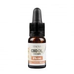 En flaske Renova CBD olie 5% til katte (10ml) på hvid baggrund.