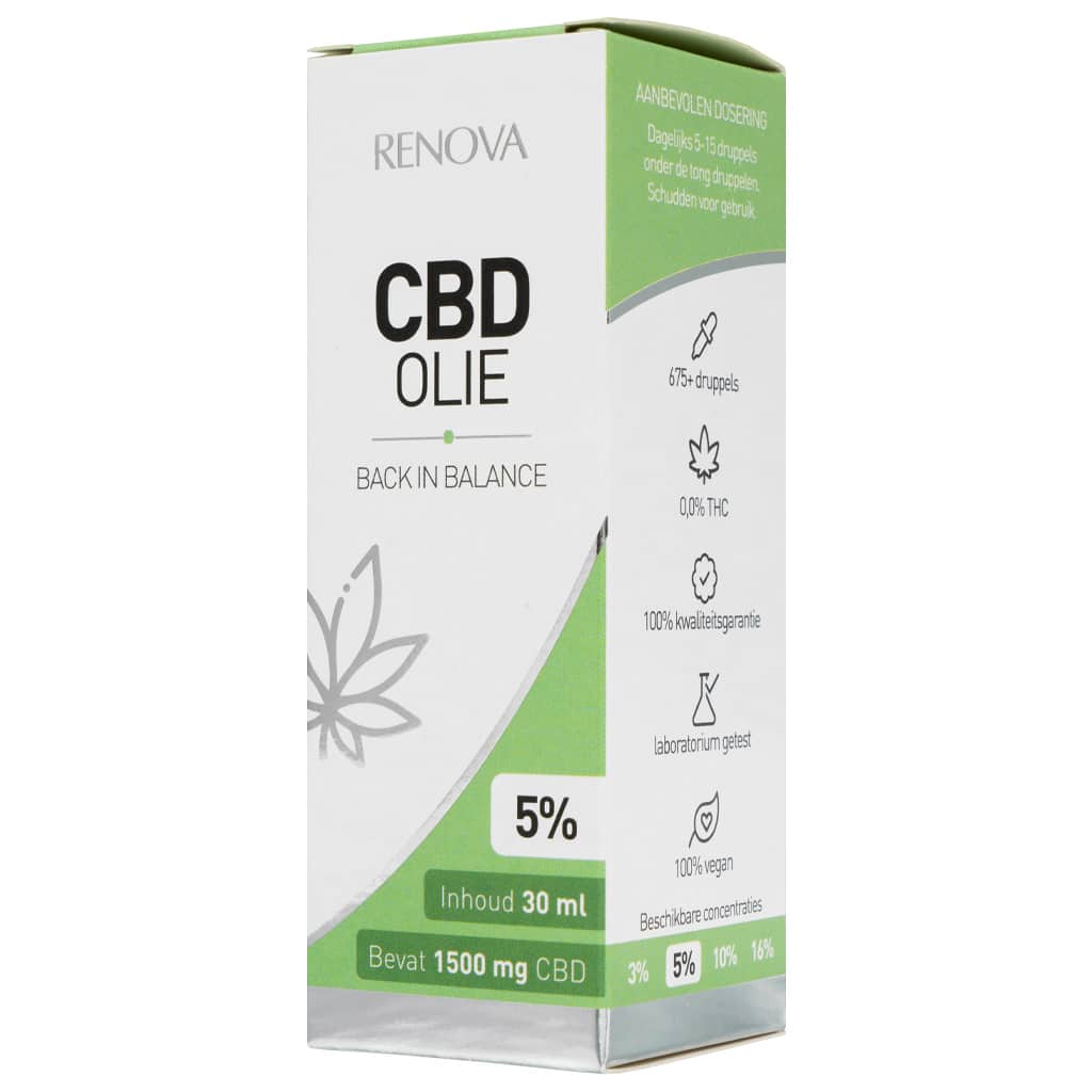 En flaske Renova CBD Olie 5% (30 ml) på en hvid baggrund.