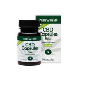 Flaske og æske Wedihemp CBD kapsler 5% med hampefrø olie (60 stk) placeret mod en hvid baggrund.