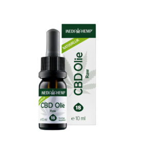 En Wedihemp CBD Olie RAW 18% flaske er placeret foran dens emballage, som viser et bladmotiv og ordet "Natuurlijk.