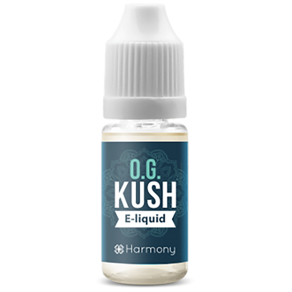 En flaske af Harmony E-Væske 600mg CBD - O.G. Kush (10ml) med ordene kush e-liquid.