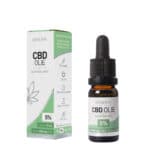 en flaske Renova CBD Olie 5% ved siden af en æske Renova CBD Olie 5%.