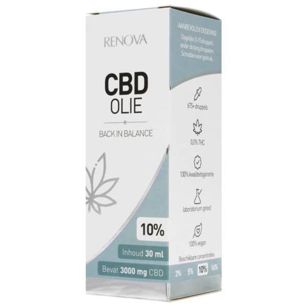 En æske Renova CBD Olie 10% (30 ml), der sidder oven på et bord.