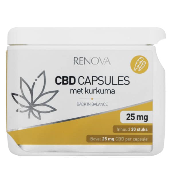 En flaske Renova CBD kapsler 2,5% med hampefrø olie (10mg) ved siden af en beholder med Renova CBD kapsler 2,5% med hampefrø olie (10mg).