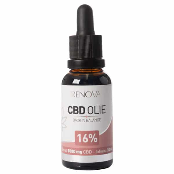 En flaske Renova CBD Olie 16% (30 ml) på en hvid baggrund.