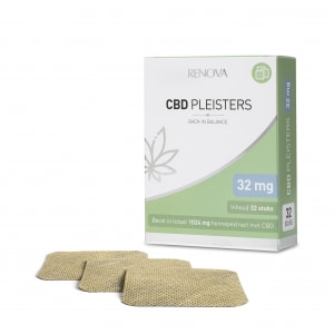 en æske Renova CBD plastre (32 mg - 32 stykker) ved siden af to pakker Renova CBD plastre (32 mg - 32 stykker).