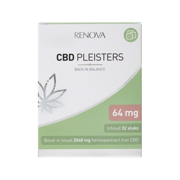 En æske med Renova CBD-gips (64 mg - 32 stykker), der sidder på toppen af et hvidt bord.