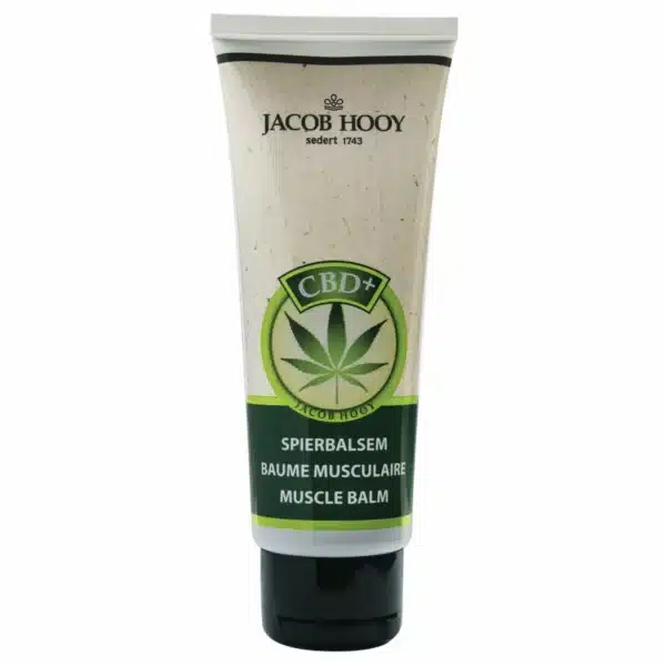 Jacob Hooy - CBD muskelbalsam tube med et cannabisbladdesign på etiketten.